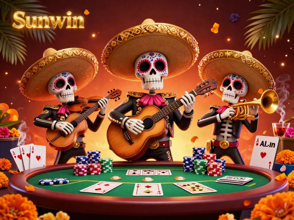 Engage in thrilling poker games with the vibrant Sunwin mariachi scene featuring lively characters and game elements.