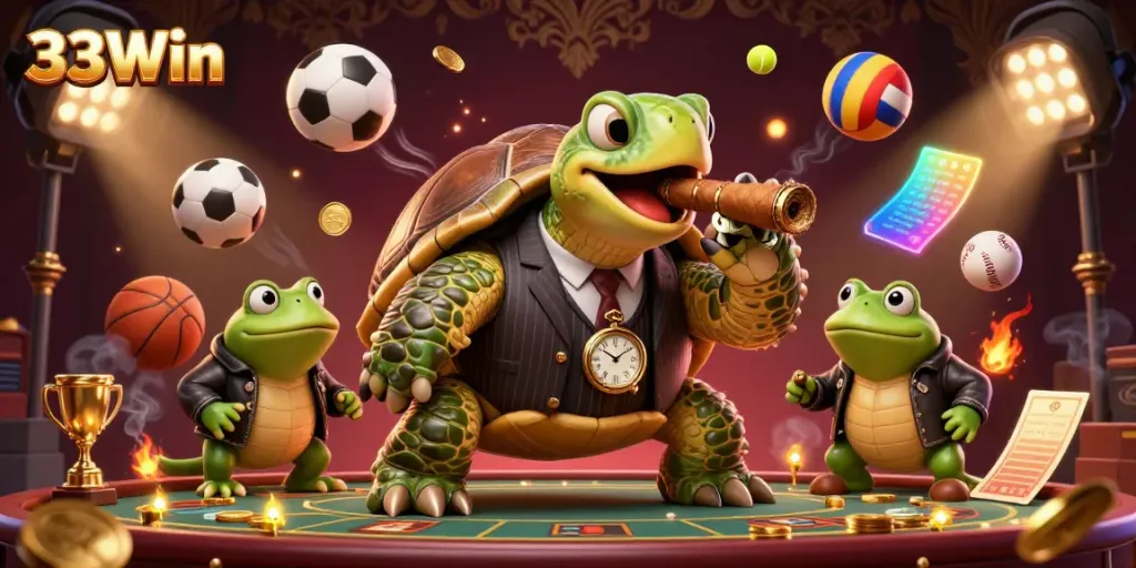 33Win's dynamic casino scene features a turtle mobster and bullfrog enforcers amid vibrant sports elements.