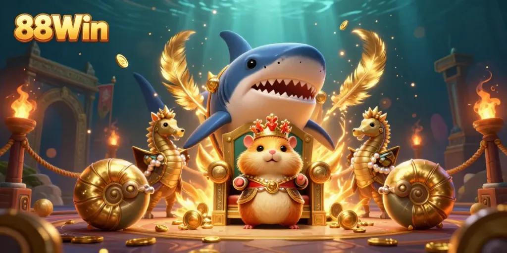 Experience the excitement of 88Win with a fierce hamster king in a vibrant, dynamic casino scene.