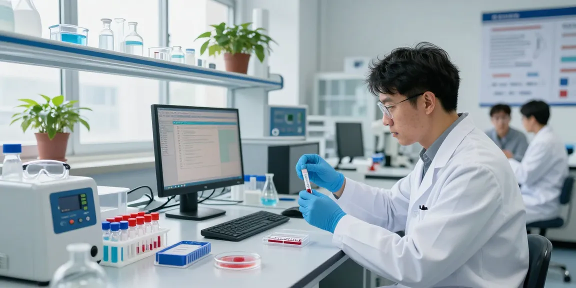 Scientist examining glp-3-rt assay kits in a bright laboratory.
