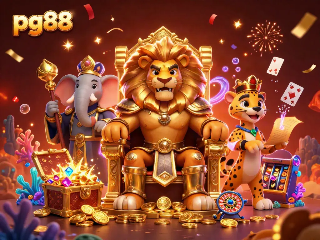 Experience excitement at pg88 with a lion king, elephant advisor, and cheetah messenger amidst vibrant casino action.