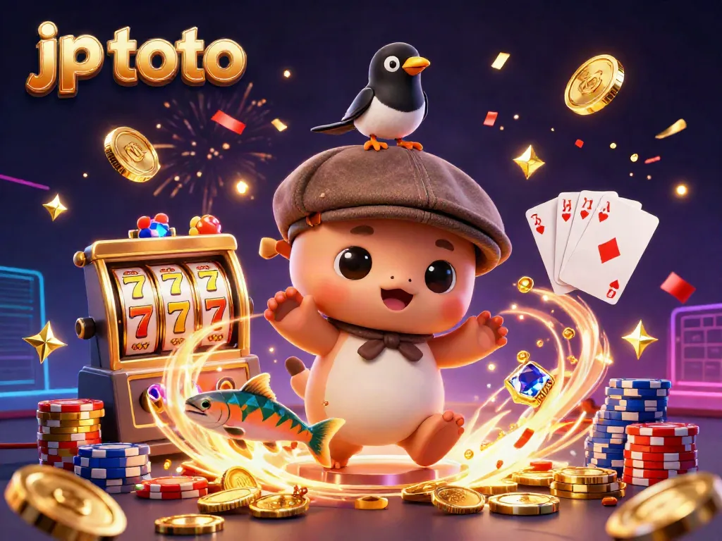 Spin to win with jp toto in this vibrant 3D casino illustration showcasing slot reels and festive elements.