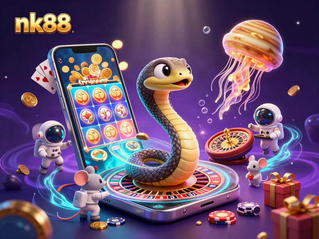 Engage in thrilling gameplay with nk88's vibrant casino scene featuring a cosmic dealer.