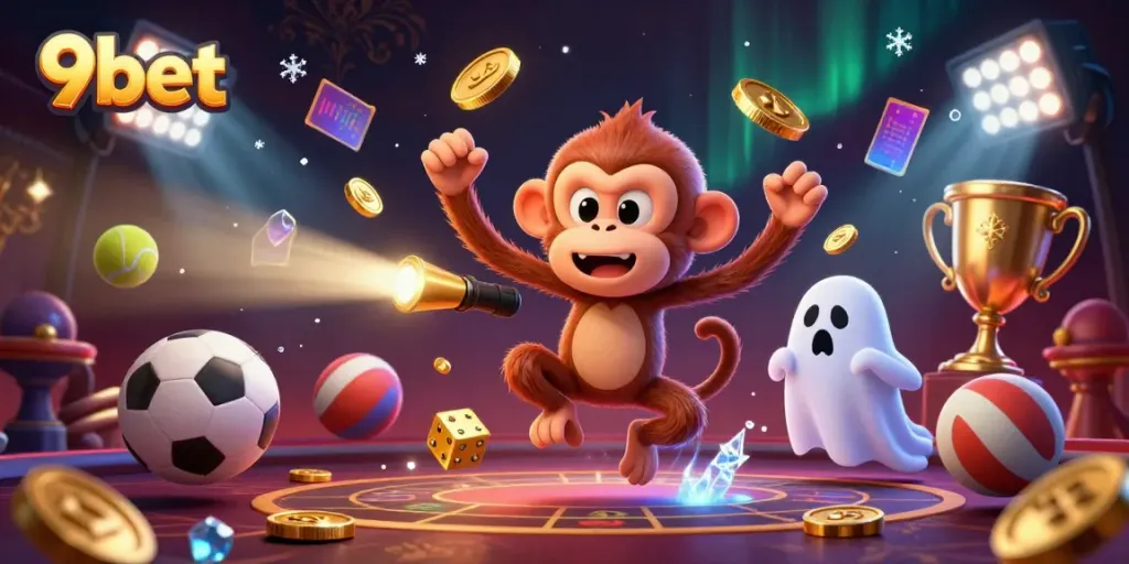 Engage in thrilling moments at 9bet with a playful poltergeist monkey in a haunted casino scene.