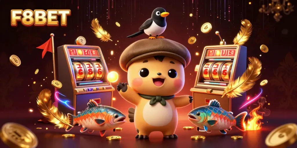 Experience thrill at F8BET casino with vibrant characters and dynamic gaming elements in a 3D illustration.