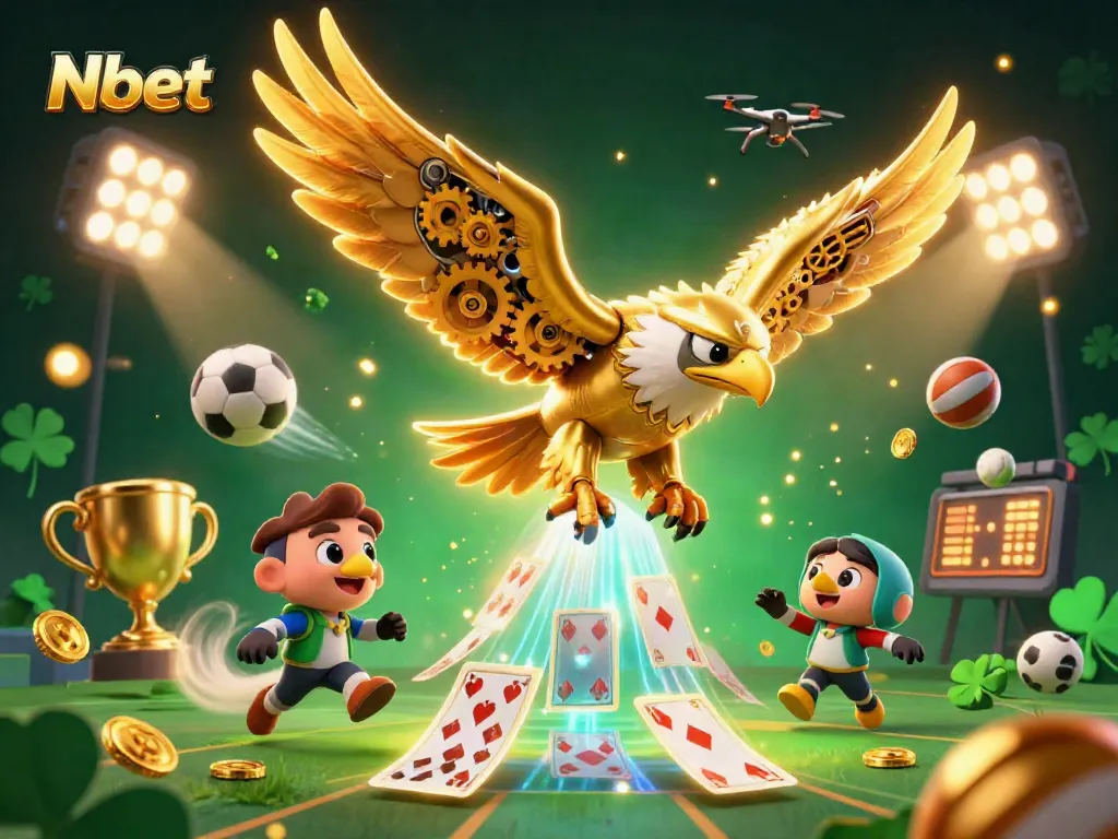 Experience thrilling sports betting with Nbet's dynamic scene featuring an eagle and flying cards.
