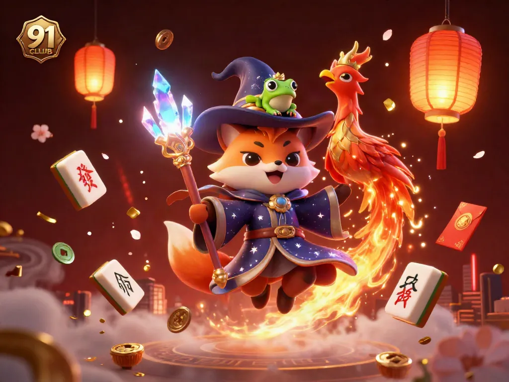 Experience 91 CLUB's magical atmosphere with a mystical wizard fox and phoenix amid vibrant casino elements.
