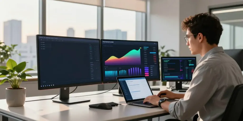 Professional analyzing data on Hyperliquid liquid staking in a modern office setting.