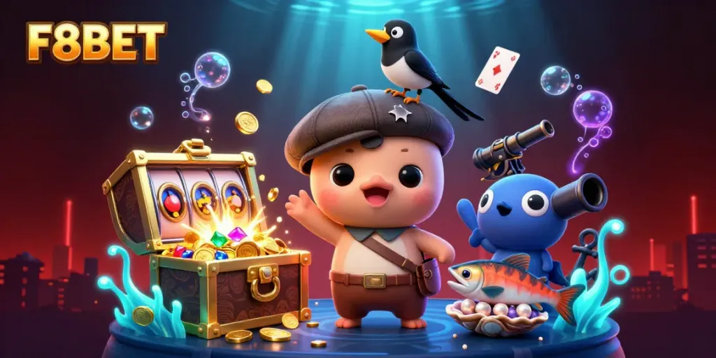 Experience F8BET excitement through a vibrant 3D gaming scene with playful characters and treasures.