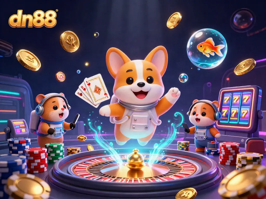 Experience fun gaming action at dn88 with a floating astronaut corgi in a vibrant casino scene.