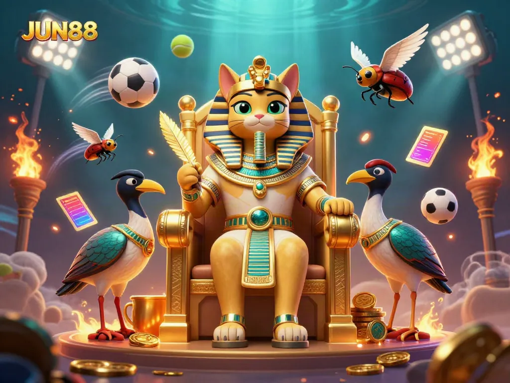 Engaging JUN88 sports betting scene with a pharaoh cat and dynamic game elements.