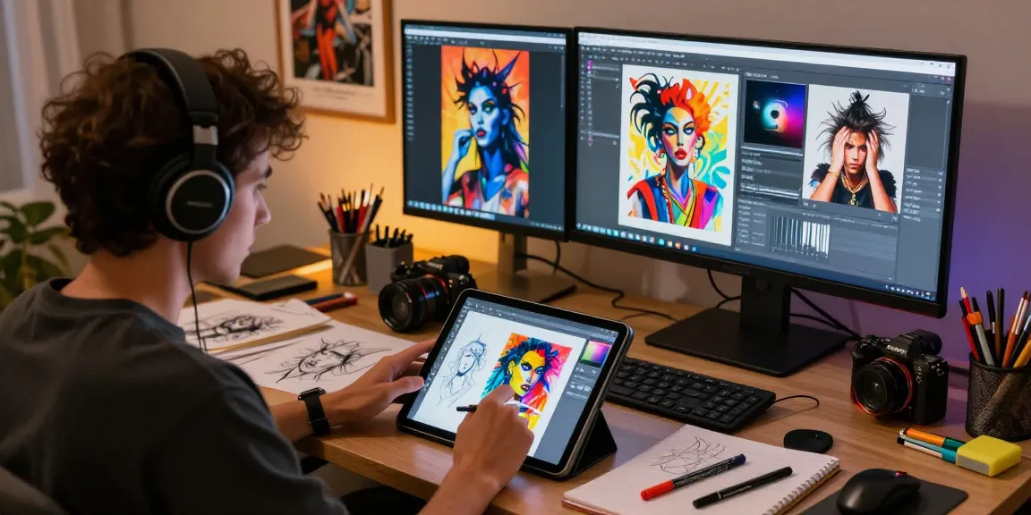 Creative artist designing NSFW AI art in a vibrant studio setting with tablets and monitors showcasing digital visuals.