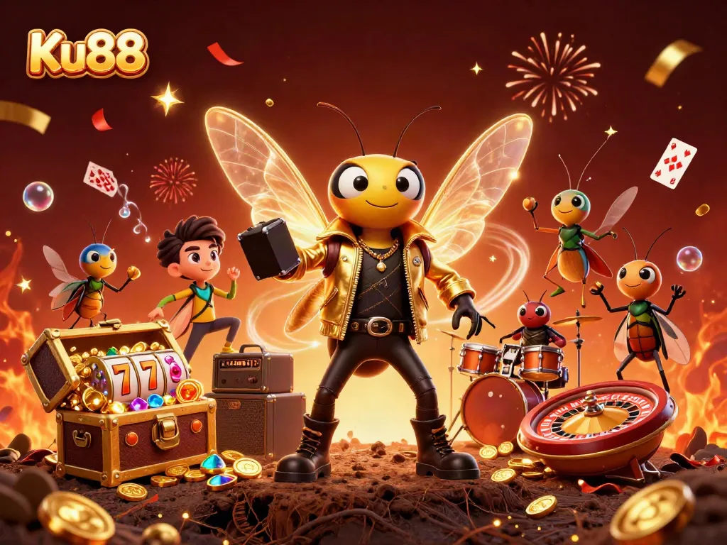 Join the thrill at Ku88, highlighting vibrant casino elements like slots, roulette, and festive celebrations.