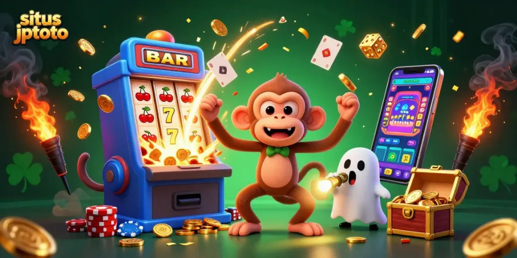 Explore thrilling casino adventures with situs jptoto, featuring a playful monkey and ghost-hunter puppy in action!