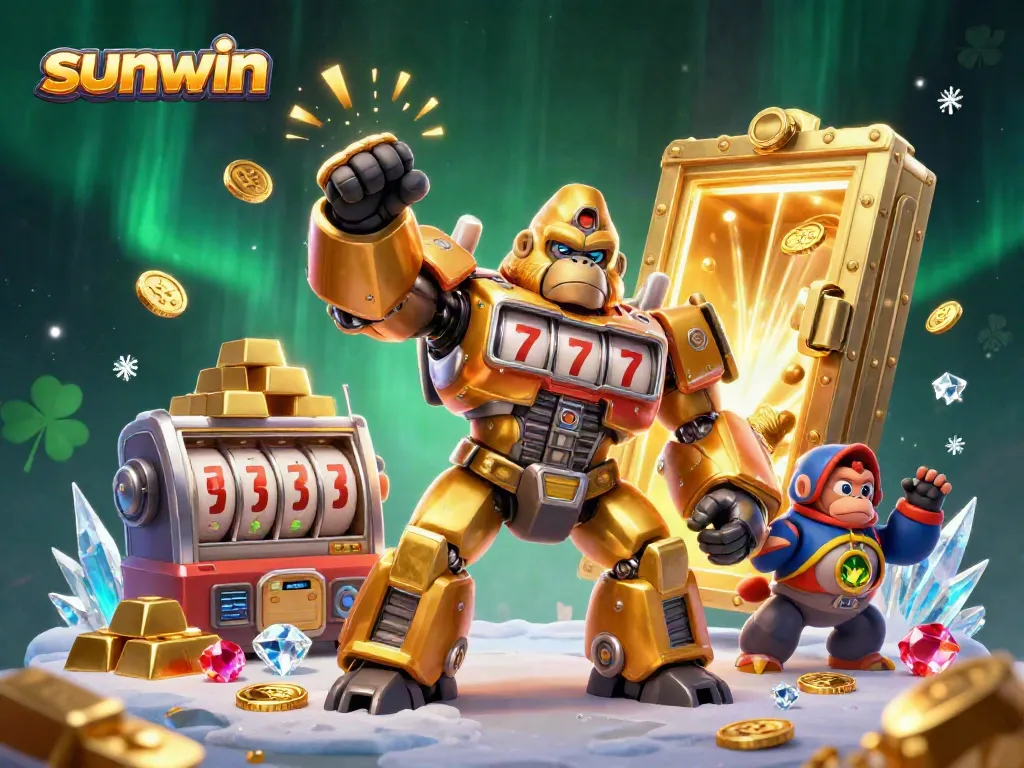 Experience thrilling gameplay with Sunwin's golden gorilla mech, surrounded by dynamic casino elements.
