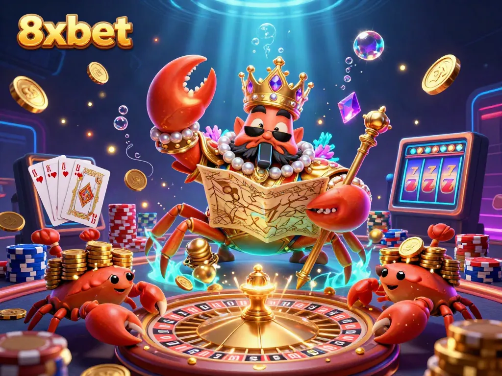 Experience the thrilling world of 8xbet with a golden crab emperor, casino elements, and treasure galore.