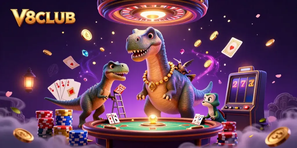 V8CLUB showcases a vibrant casino scene with a brontosaurus and raptor dealing cards.