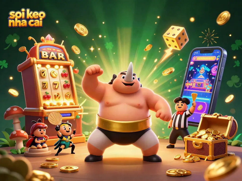 Soi keo nha cai action with a rhinoceros beetle sumo champion celebrating coins and slot symbols in a festive scene.