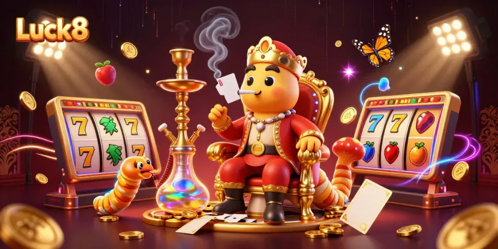 Experience dynamic gaming excitement with Luck8's vibrant slots and 3D characters in this casino illustration.