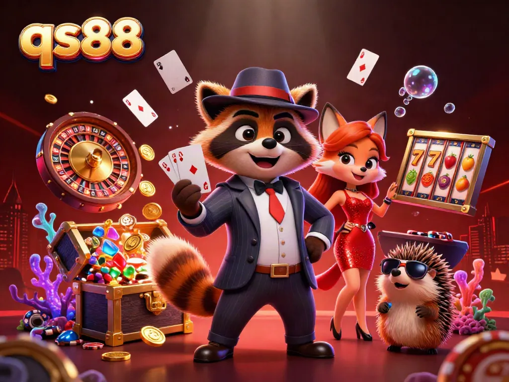 Experience thrilling gameplay at qs88 with a suave raccoon, elegant fox, and hedgehog bouncer surrounded by casino elements.