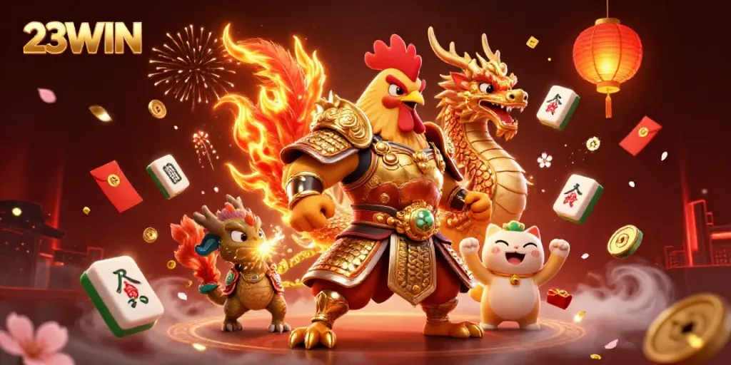 Experience thrilling action with 23WIN featuring a rooster warrior, dragon hatchling, and lucky cat in an exciting casino scene.