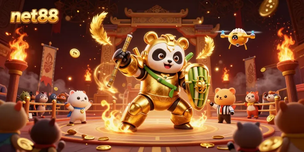 Experience net88 excitement with a golden panda fighting robot in a dynamic casino arena filled with gold and excitement.