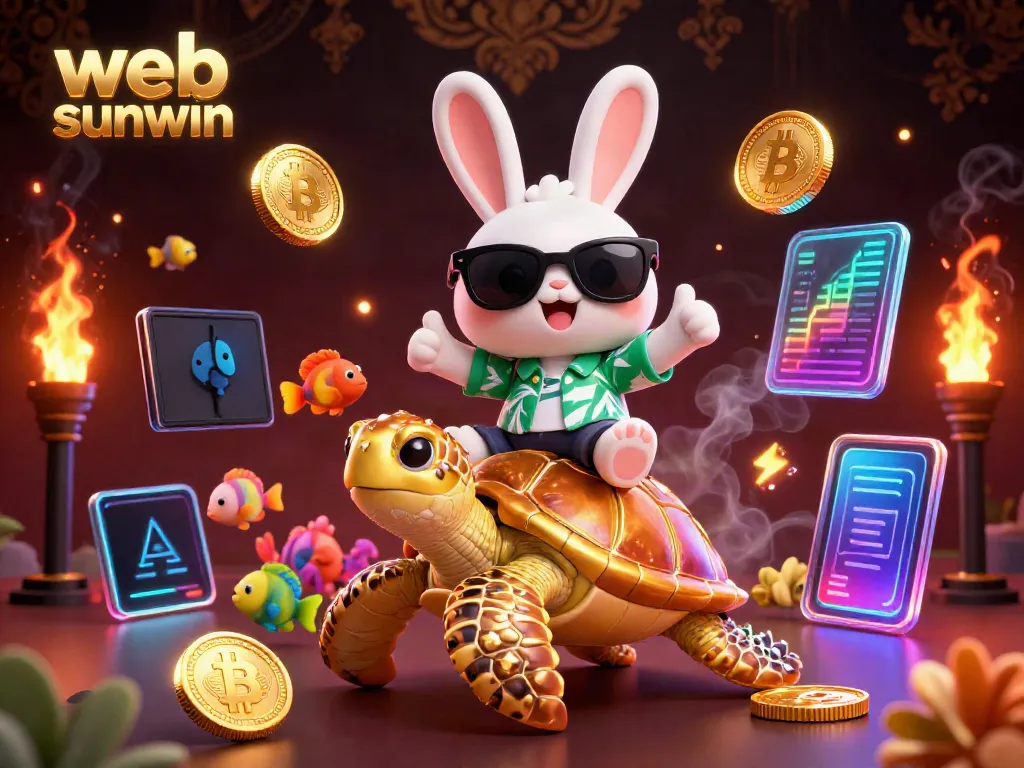 Engage with web sunwin in this vibrant casino-themed scene featuring a lucky rabbit and golden sea turtle.