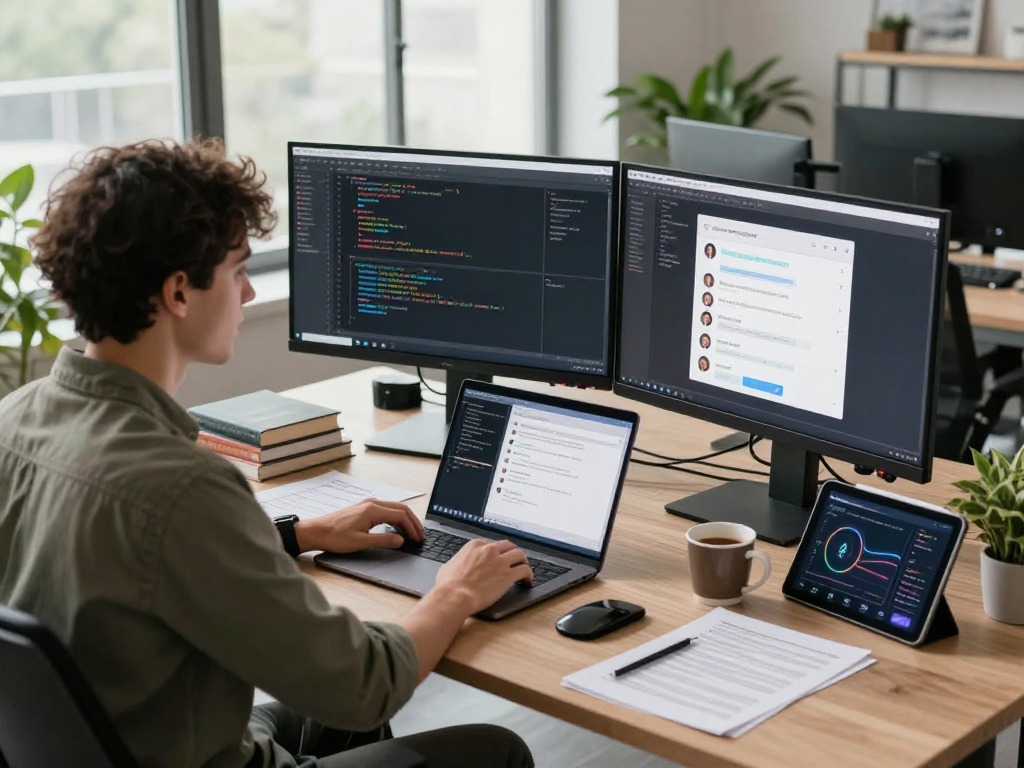 Focused software engineer coding in a modern workspace for nsfw AI chat development.