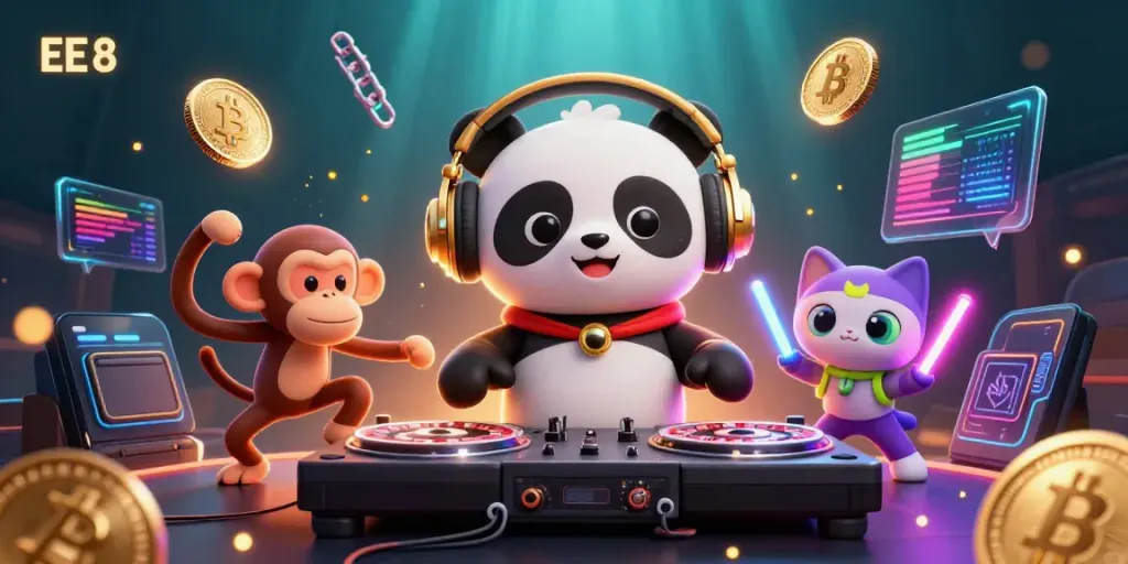 Experience the excitement of EE 8 8 casino fun with a DJ panda, dancing characters, and digital game elements.