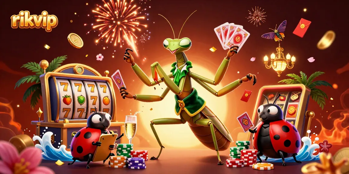 Engage with rikvip's thrilling slot games in this vibrant illustration showcasing casino excitement.