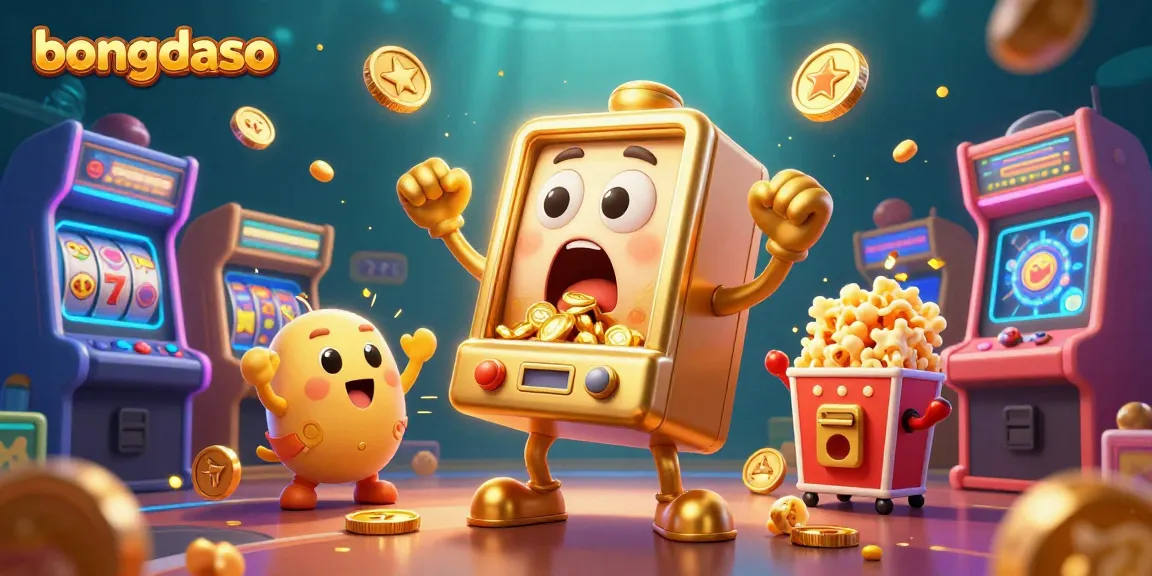 Bongdaso slot machine hits jackpot, showering coins while cheerful baby slots celebrate.