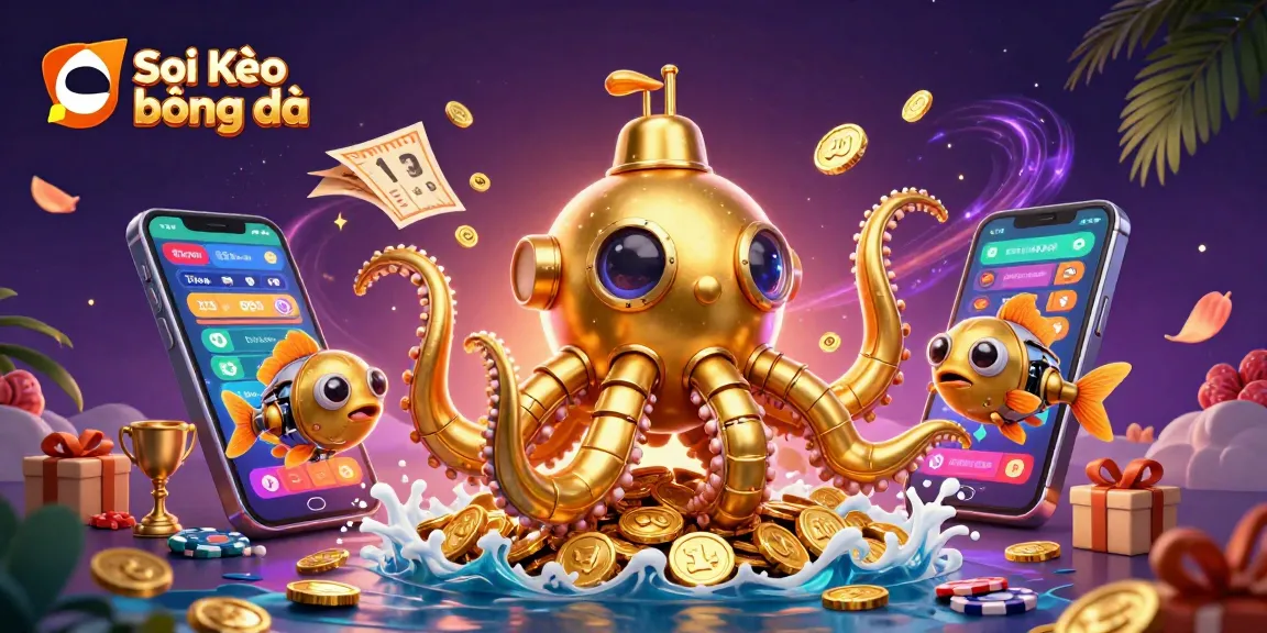Soi Kèo bóng đá sports betting scene with a golden kraken submarine, coins, and dynamic odds display.