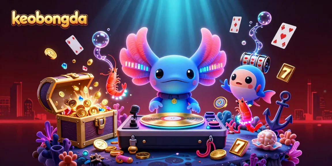 Experience thrilling gambling fun with keobongda as axolotl DJ spins amidst gold and neon treasures.