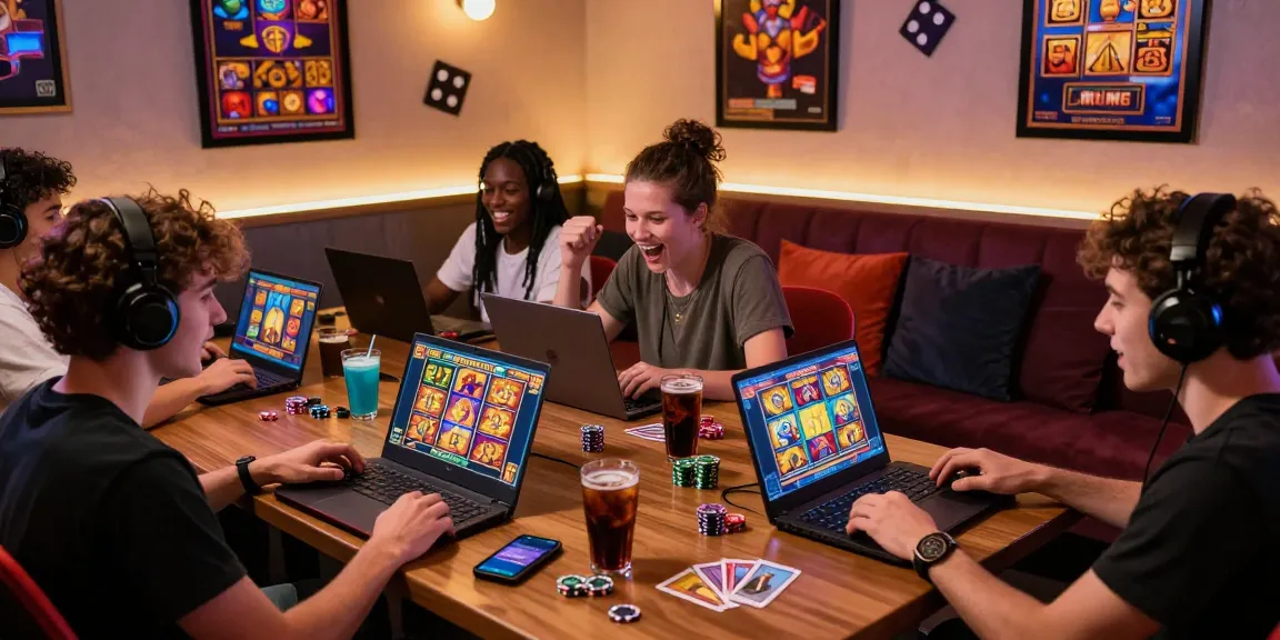 Players enjoying situs slot deposit 10 ribu with excitement in a cozy gaming lounge.