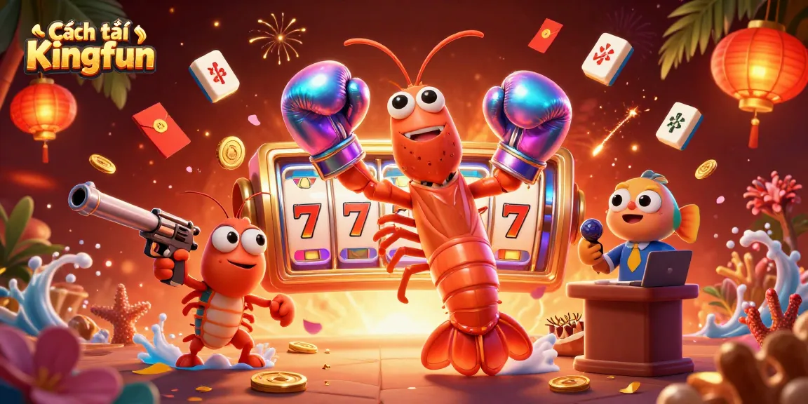 Cách tải Kingfun: Engage in vibrant casino gameplay with slot reels and vibrant characters in a dynamic 3D scene.