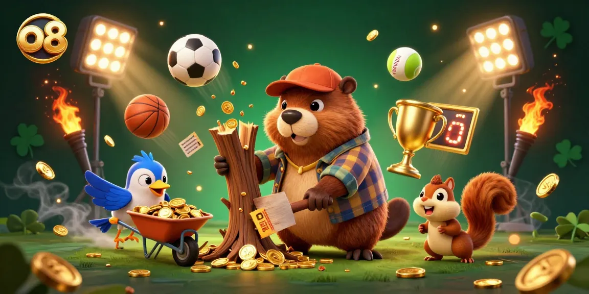 Win at O8's online casino with engaging games featuring a beaver, bird, and squirrel collecting golden coins.