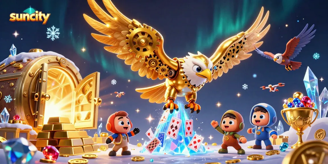 Experience suncity's thrilling casino atmosphere with a golden eagle soaring through vibrant holographic cards and treasures.