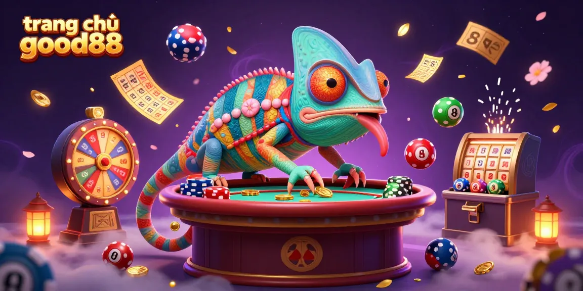 Explore the vibrant world of trang chủ good88, featuring a chameleon casino owner amid festive lottery elements.