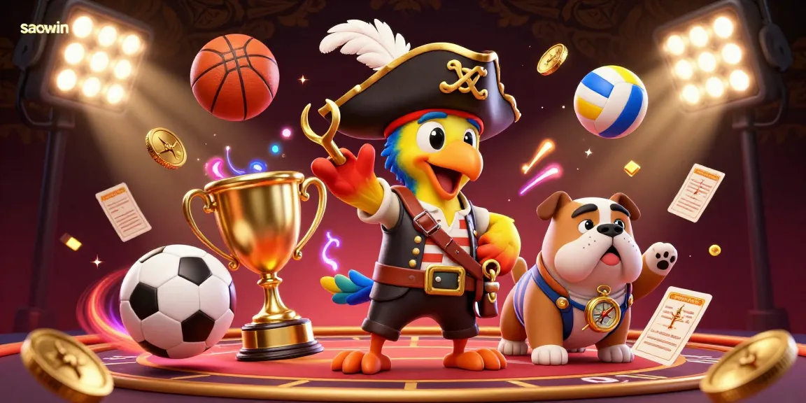 Experience saowin with a thrilling 3D cartoon casino scene featuring pirate characters and dynamic sports elements.