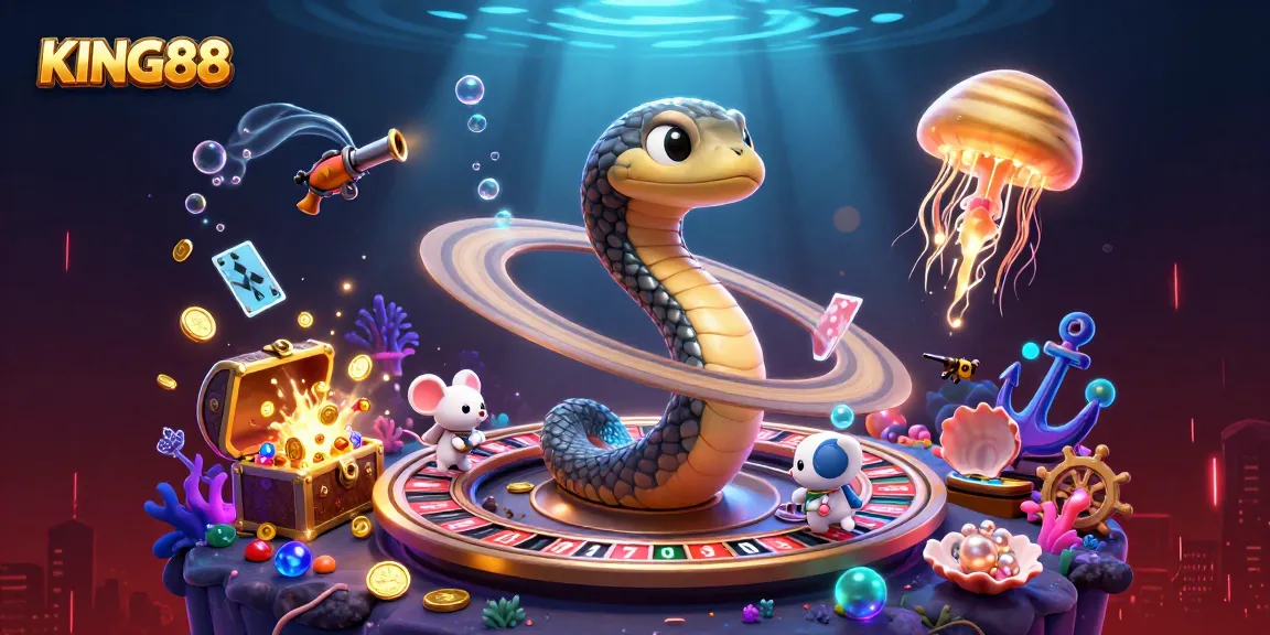 Experience thrilling gameplay with KING88, featuring 3D cartoon characters in a vibrant casino-themed scene.