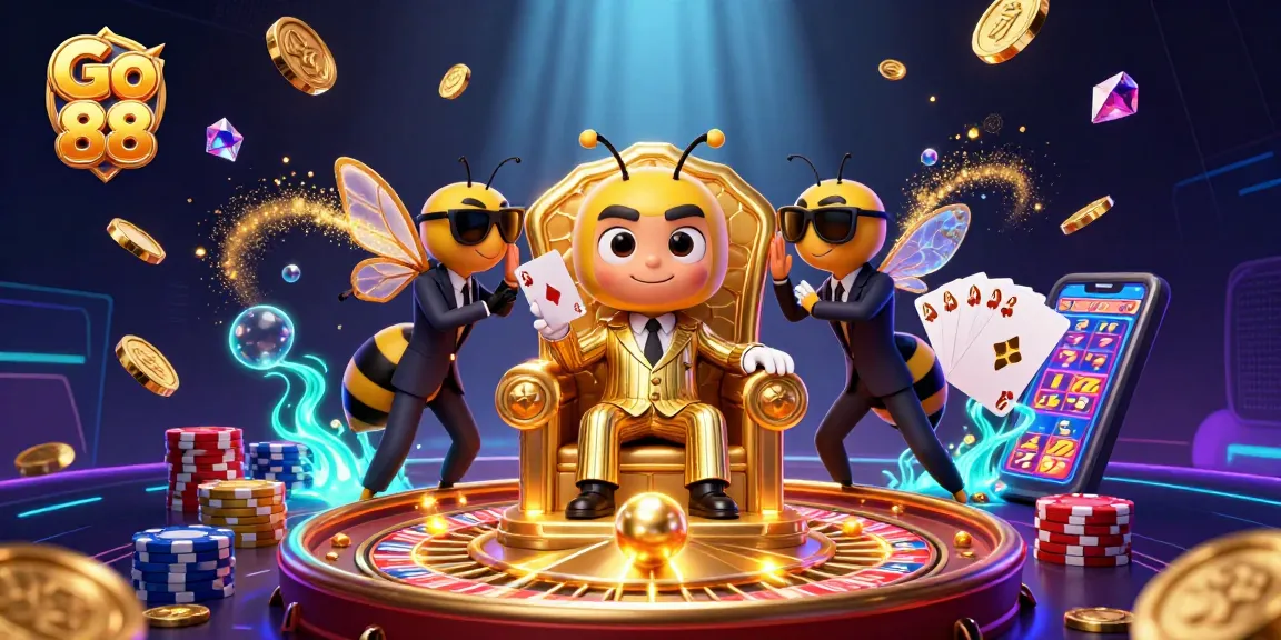 Experience excitement at Go 88 with a dynamic casino scene featuring games, coins, and characters.
