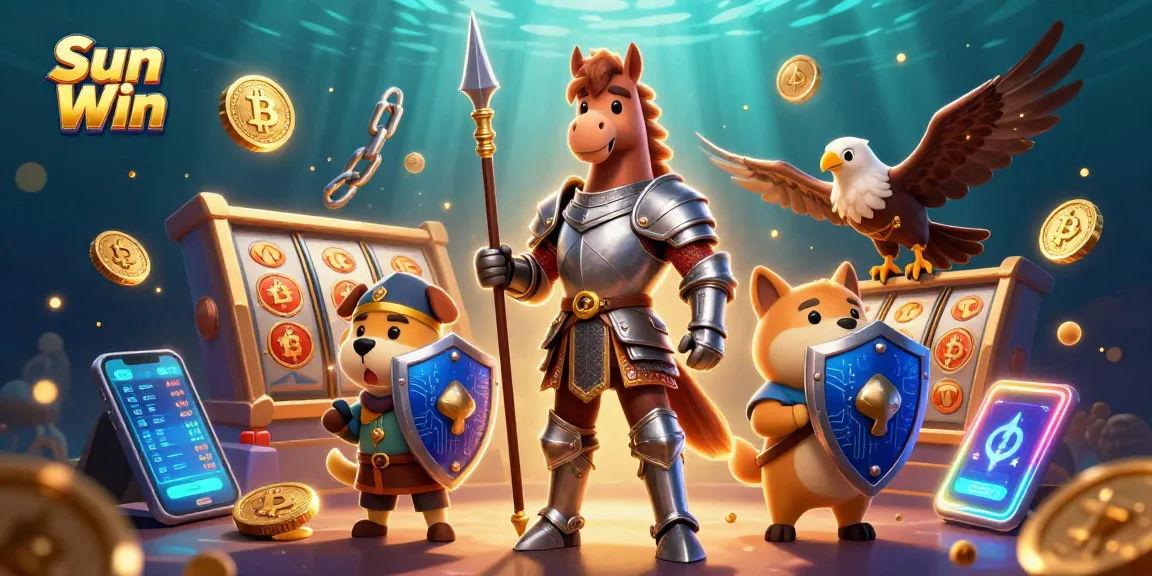 Engage with Sun Win in this vibrant scene featuring a medieval knight, a puppy squire, and a falcon amidst dynamic slot game elements.