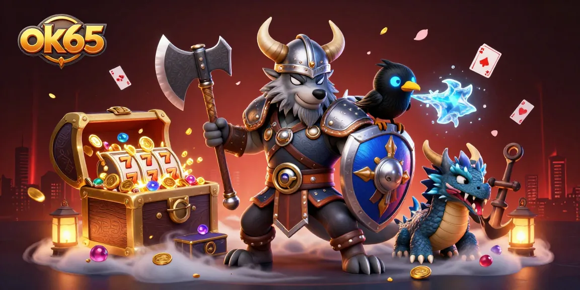 Spin the reels of fortune with ok65, featuring vibrant cartoon characters and casino elements.
