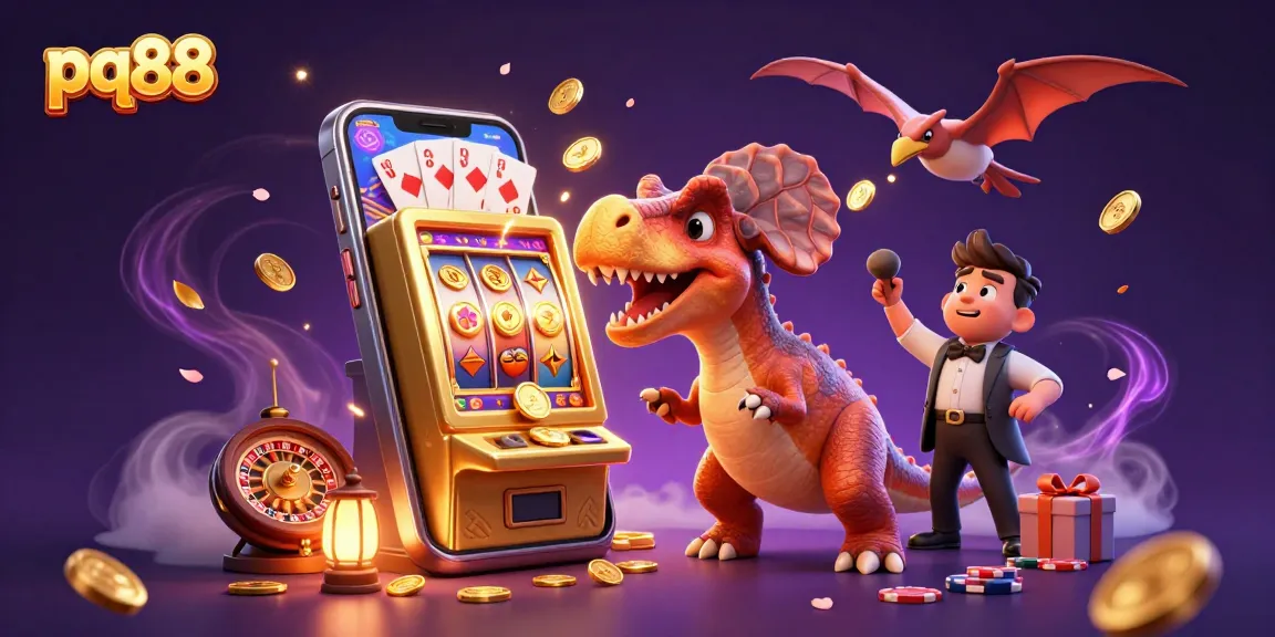 PQ88 showcases a dynamic gambling scene with a dinosaur celebrating a jackpot, highlighting fun gaming elements.