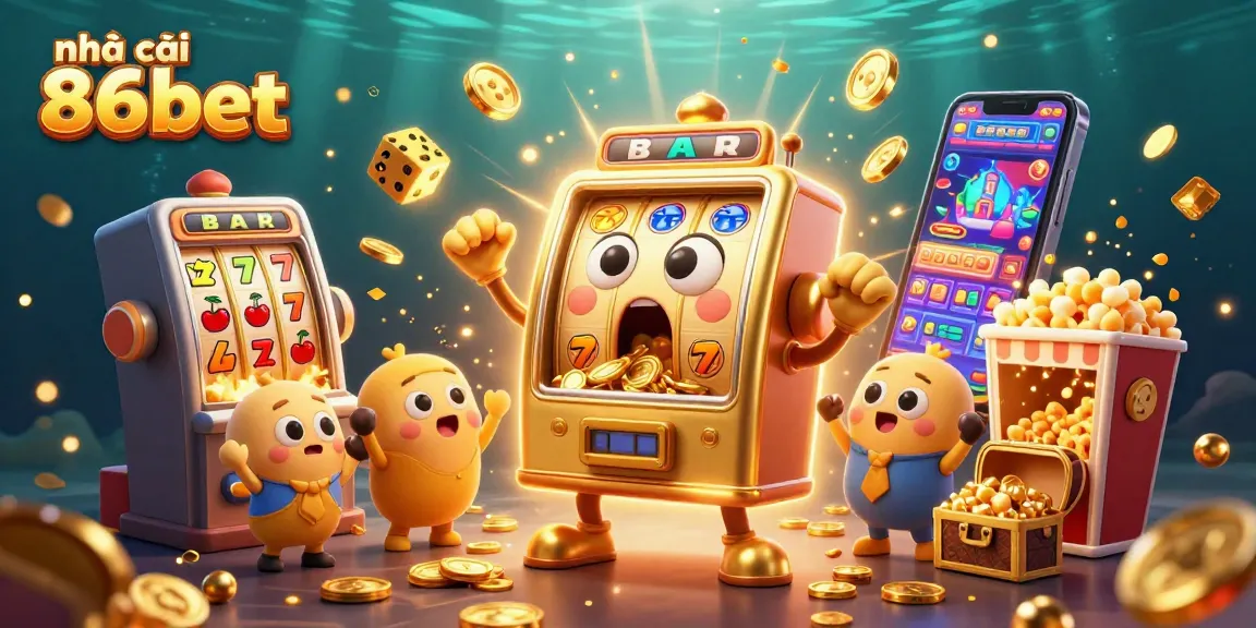 Play exciting games and win big at nhà cái 86bet, featuring vibrant slot machines and celebratory effects.