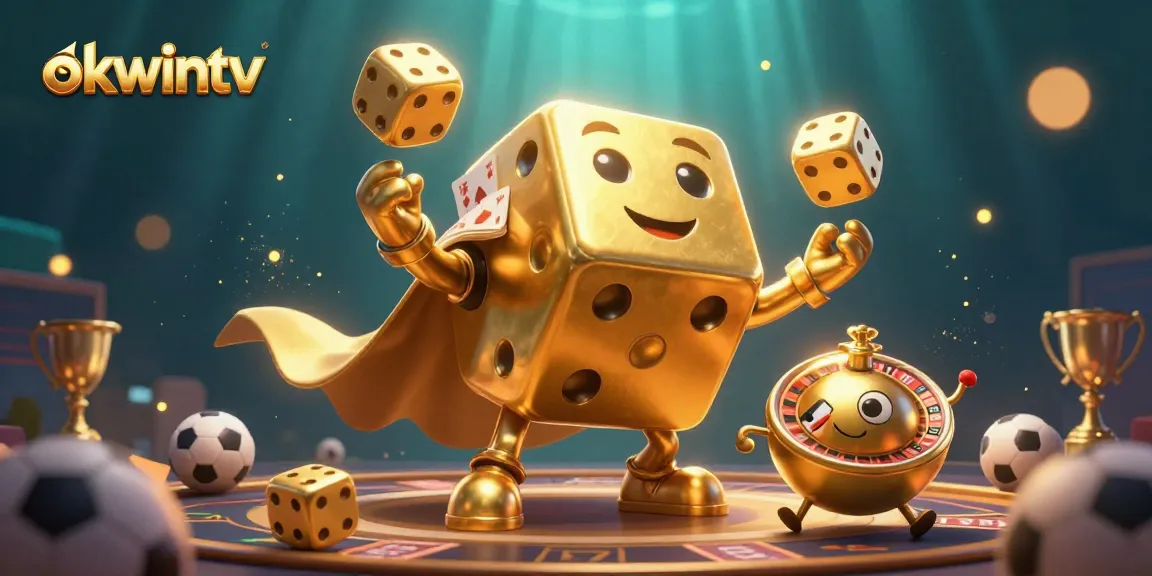 Engage in thrilling sports betting with OKWINTV, featuring dynamic golden dice characters amidst vibrant gaming elements.