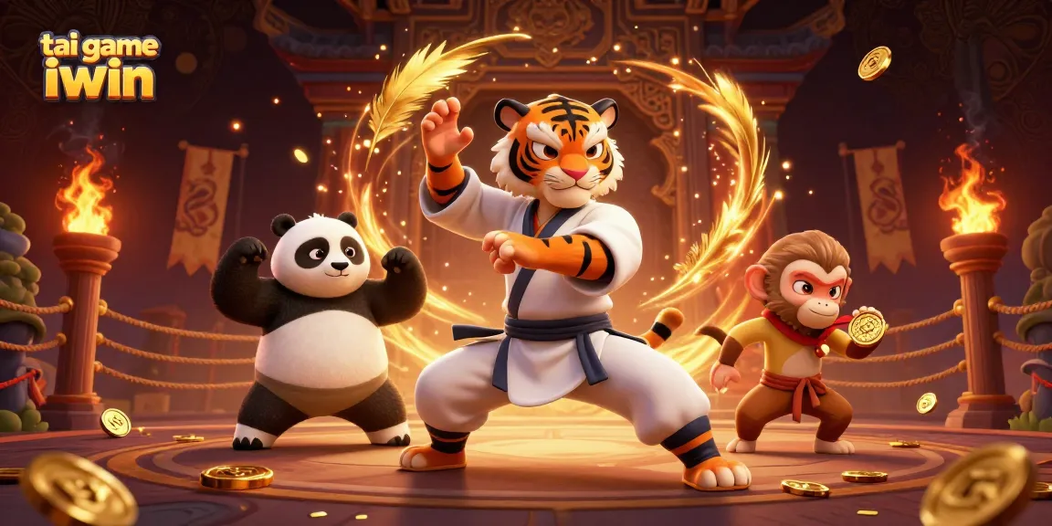 Experience the thrill of tai game iwin with a vibrant 3D scene featuring a kung fu tiger and his students.