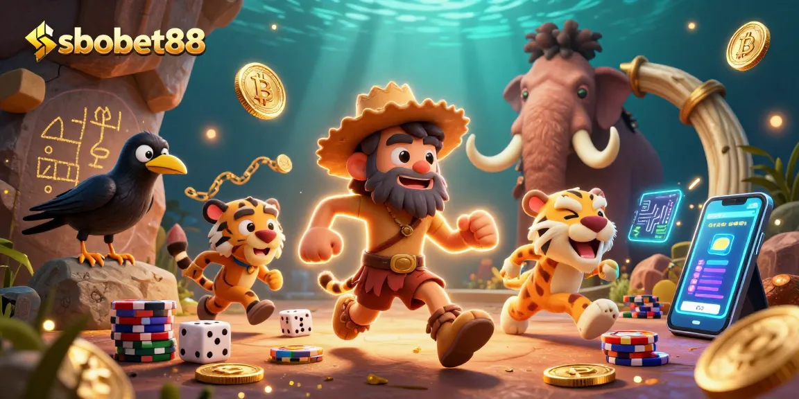 Engage with sbobet88 in an animated prehistoric casino scene featuring a caveman and sabertooth tiger.