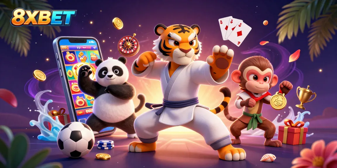 Experience thrilling sports betting action with the dynamic 8XBET illustration featuring engaging characters.