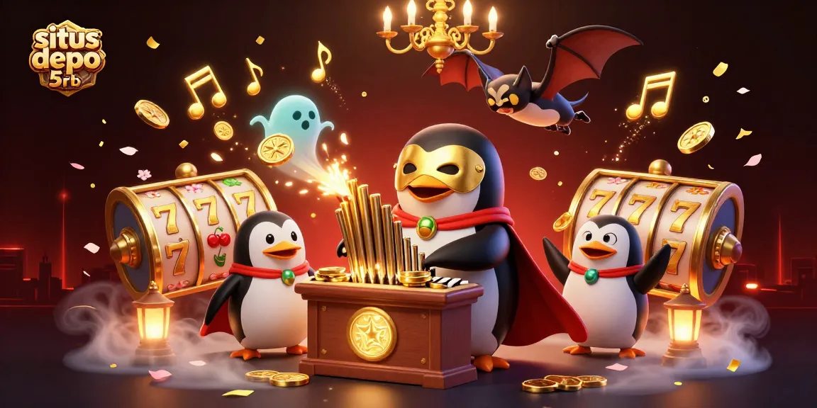 Situs depo 5rb showcases a playful penguin playing a pipe organ shooting golden coins, amid vibrant casino elements.